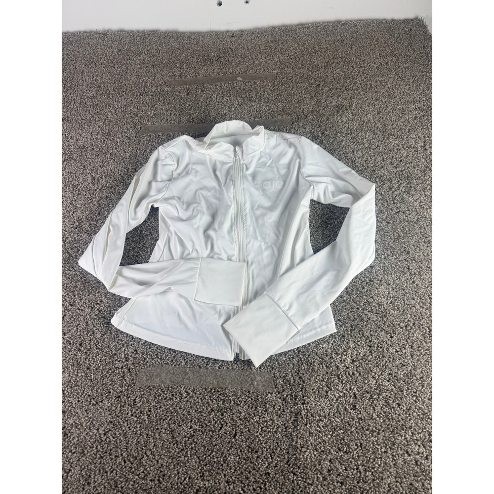 Alo Yoga Running Jacket Womens White Full Zip Activewear Long Sleeve Logo - XS
